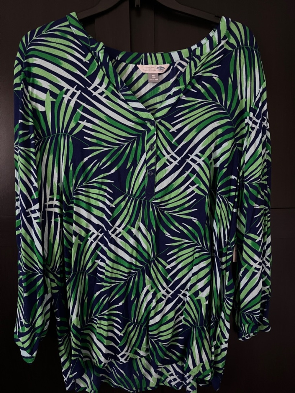 OLD NAVY Navy Long-Sleeve Henley with Green & White Palm Print
